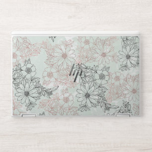 Modern Mint Black Rose Gold Floral Marble HP Laptop Skin