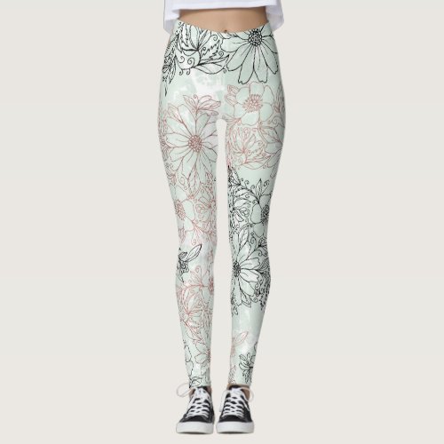 Modern Mint Black Rose Gold Floral Marble Leggings