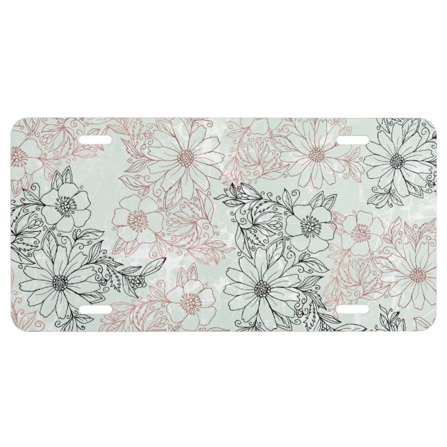 Modern Mint Black Rose Gold Floral Marble License Plate (Front)