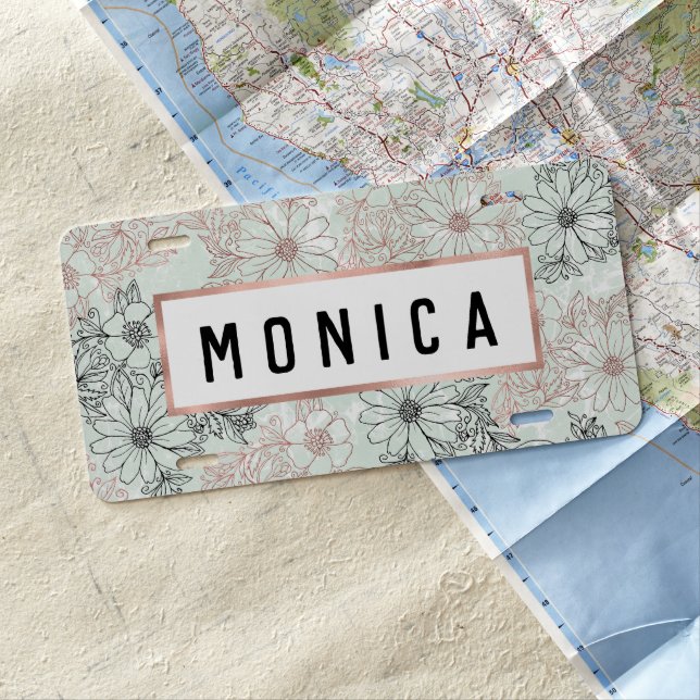 Modern Mint Black Rose Gold Floral Marble License Plate (In Situ)