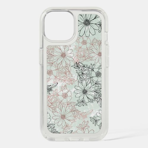 Modern Mint Black Rose Gold Floral Marble iPhone 15 Case