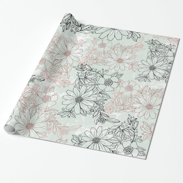 Modern Mint Black Rose Gold Floral Marble Wrapping Paper (Unrolled)