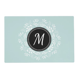 Modern Mint Blue Floral Wreath Custom Monogram Placemat