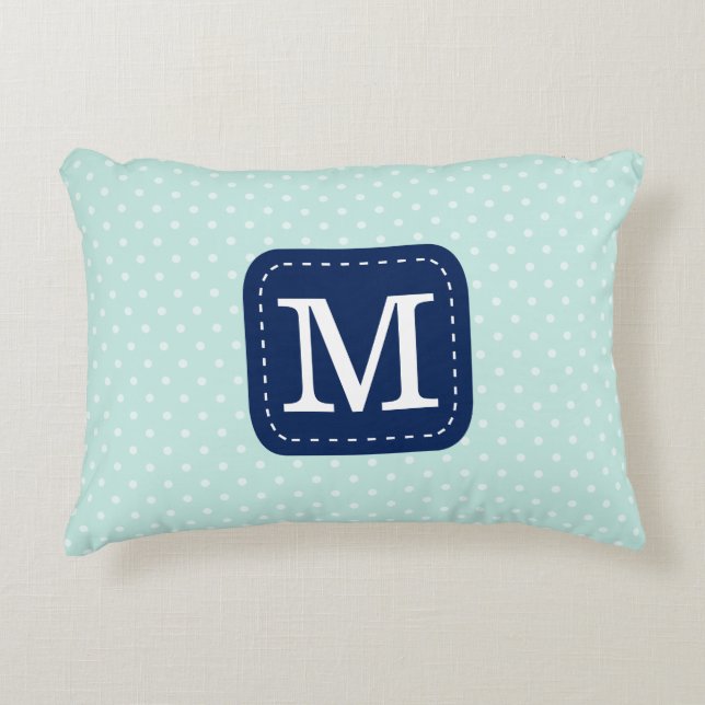 Modern Mint Blue Polka Dots Personalized Monogram Decorative Pillow (Front)