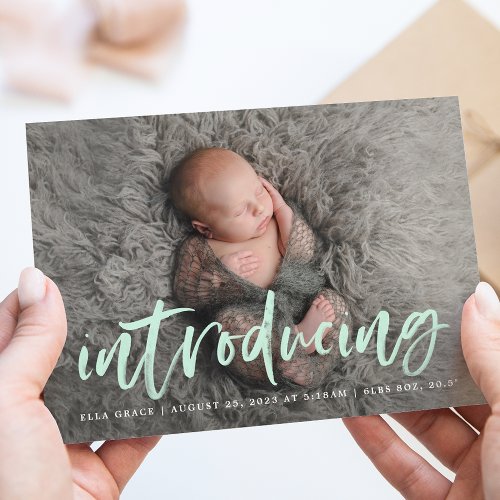 Modern Mint Brush Script Introducing Photo Birth Announcement