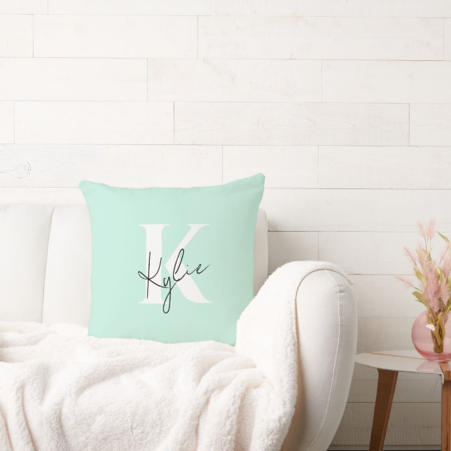 Modern Mint Cream Personalized Monogram Name -  Throw Pillow (Couch)