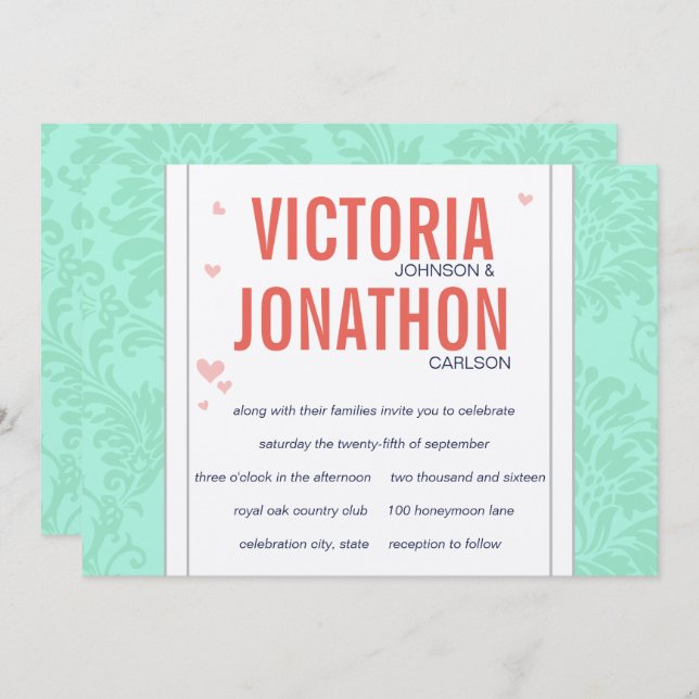 Modern Mint  Damask Wedding Invite (Front/Back)
