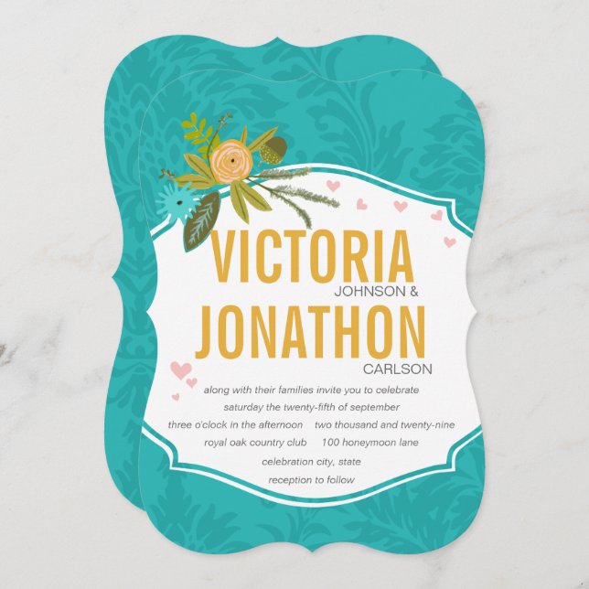 Modern Mint Damask Wedding Invite (Front/Back)