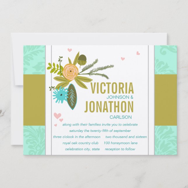 Modern Mint  Damask Wedding Invite (Front)