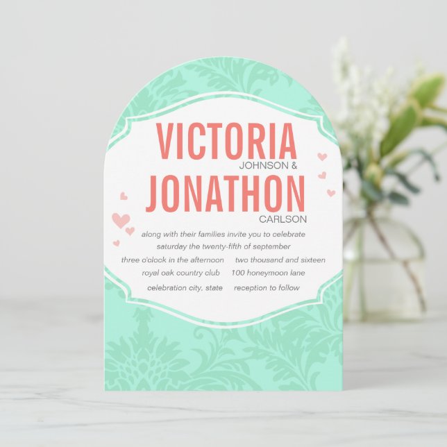 Modern Mint Damask Wedding Invite (Standing Front)