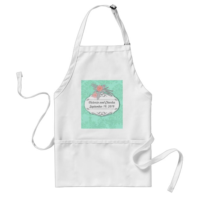 Modern Mint  Damask Wedding Invite Adult Apron (Front)