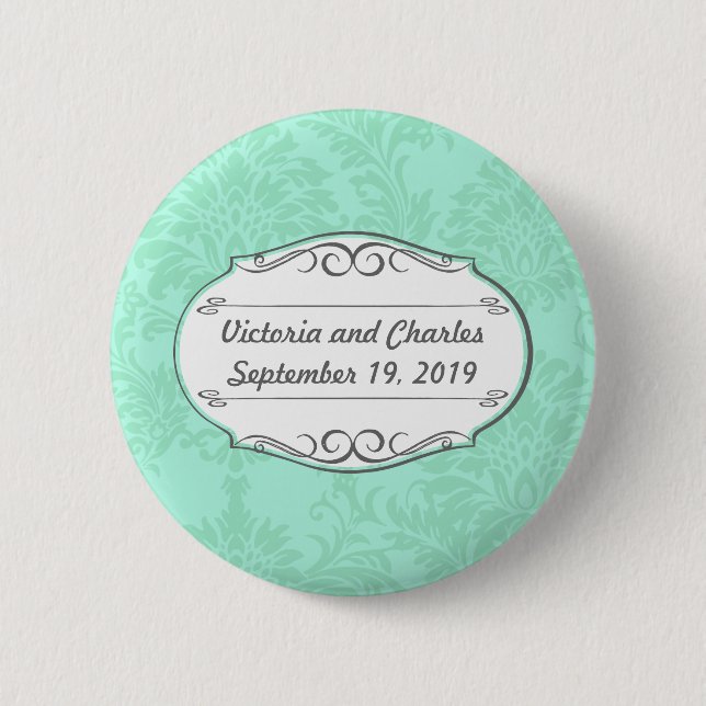 Modern Mint  Damask Wedding Invite Button (Front)