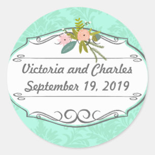 Modern Mint Damask Wedding Invite Classic Round Sticker