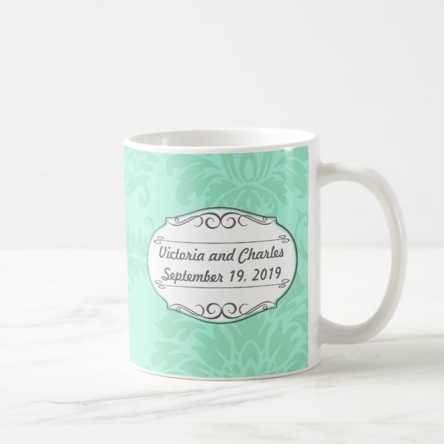 Modern Mint  Damask Wedding Invite Coffee Mug (Right)