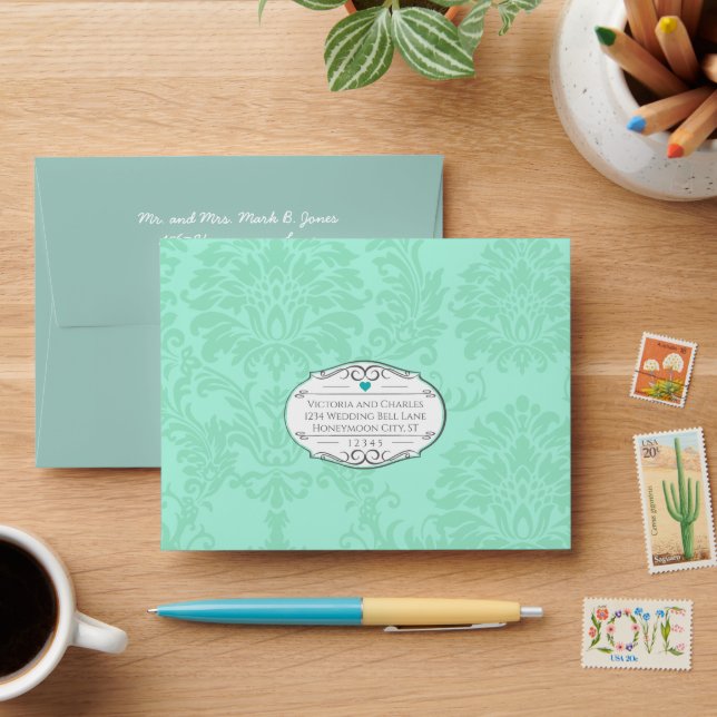Modern Mint  Damask Wedding Invite Envelope (Desk)