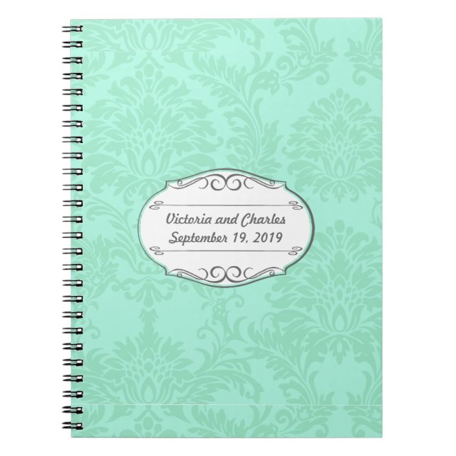 Modern Mint  Damask Wedding Invite Notebook (Front)