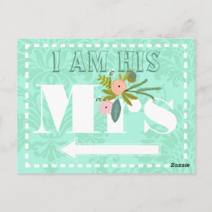 Modern Mint  Damask Wedding Postcard