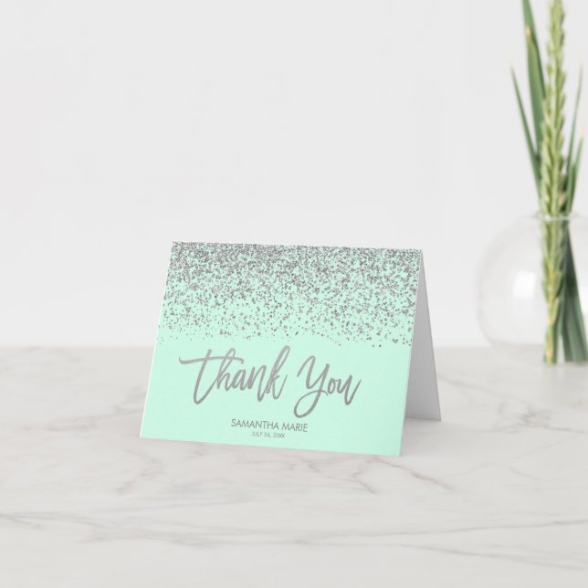 Modern Mint Faux Silver Glitter Thank You Card (Front)