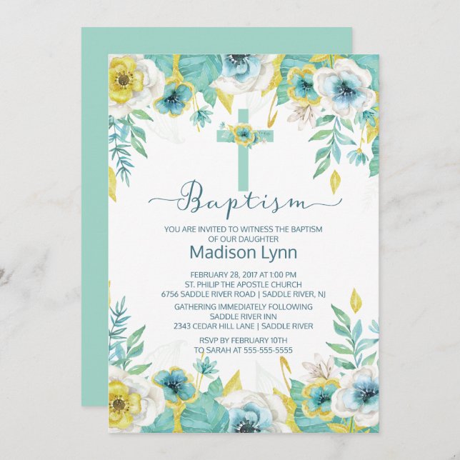 Modern Mint Floral Baptism Christening Invitation (Front/Back)