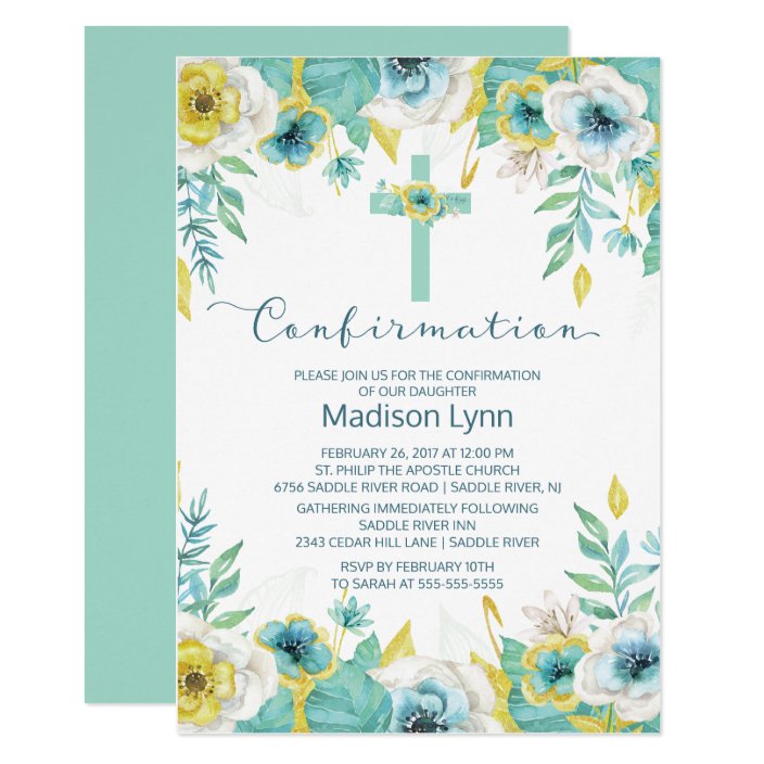 Modern Mint Floral Cross Confirmation Invitation | Zazzle.com