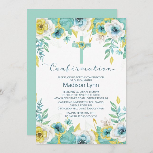 Modern Mint Floral Cross Confirmation Invitation (Front/Back)