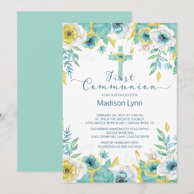Modern Mint Gold Floral First Holy Communion Invitation (Front/Back)