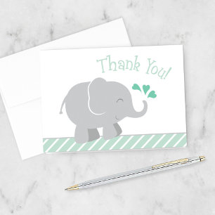 Modern Mint Gray Elephant Baby Shower Thank You Card
