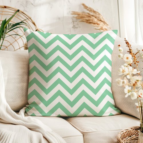 Modern Mint Green And White Chevron Zigzag Stripes Throw Pillow