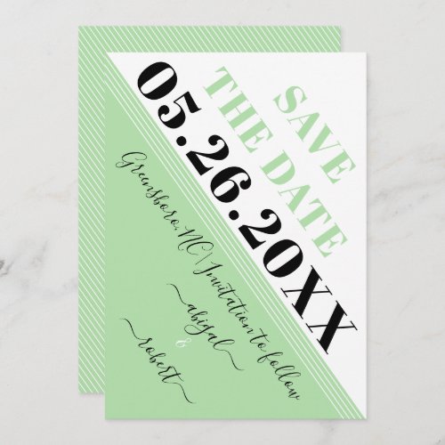 Modern mint green and white diagonal stripes save the date