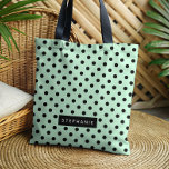 Modern Mint Green Black Polka Dot Personalized Tote Bag<br><div class="desc">This trendy tote bag features a black polka dot pattern on a mint green background. Personalize it with your name in white sans serif font on a black rectangle.</div>