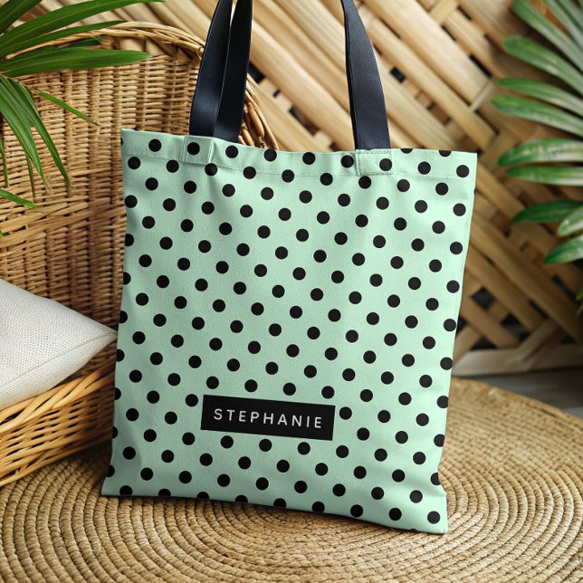 Modern Mint Green Black Polka Dot Personalized Tote Bag (Creator Uploaded)