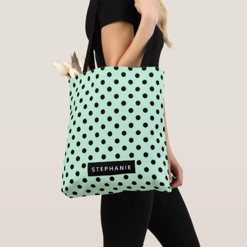 Modern Mint Green Black Polka Dot Personalized Tote Bag