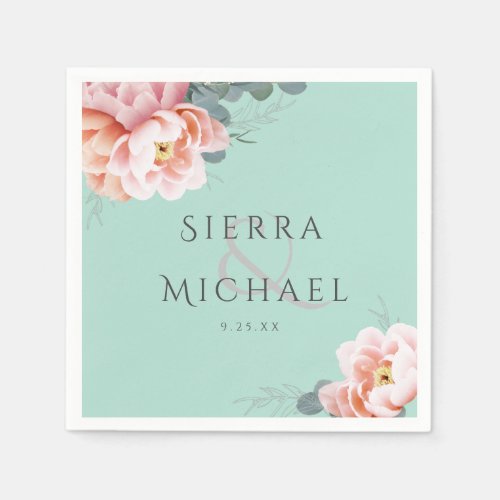 Modern Mint Green Blush Pink Floral Wedding Napkins