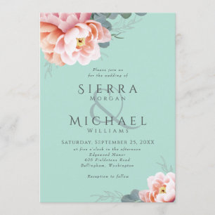 Modern Mint Green Blush Pink Peach Floral Wedding Invitation