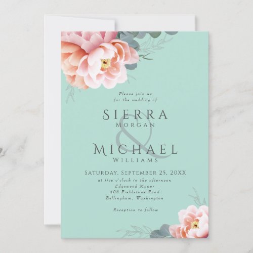 Modern Mint Green Blush Pink Peach Floral Wedding Invitation