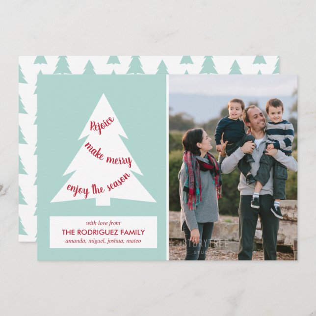 Modern Mint Green Christmas Tree with Custom Photo Holiday Card (Front/Back)
