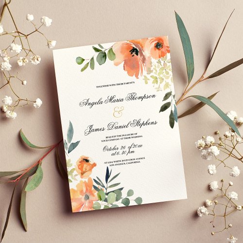 Modern mint green coral pink floral wedding invitation
