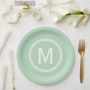 Modern Mint Green Custom Round Framed Monogram Paper Plates