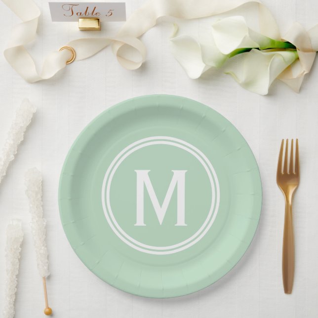 Modern Mint Green Custom Round Framed Monogram Paper Plates (Wedding)
