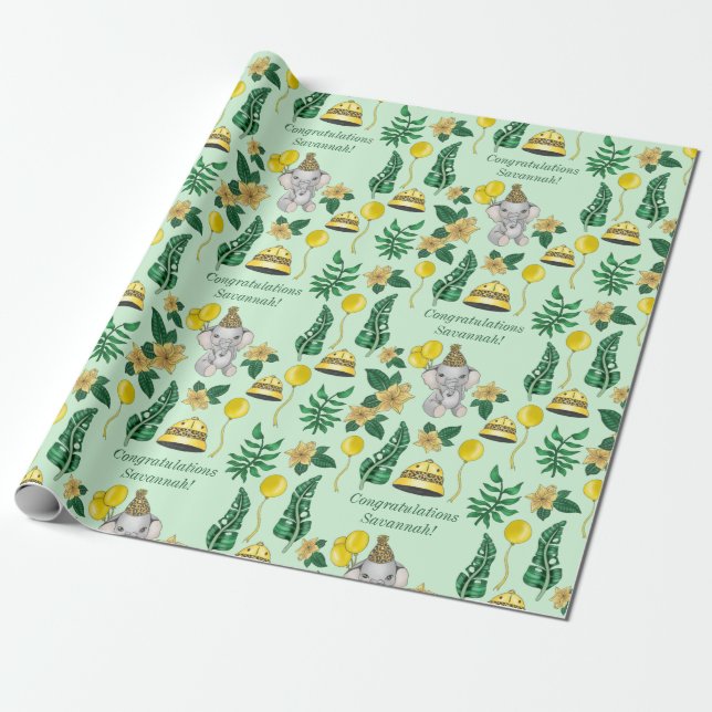 Modern Mint Green Elephant Safari Baby Shower  Wrapping Paper (Unrolled)