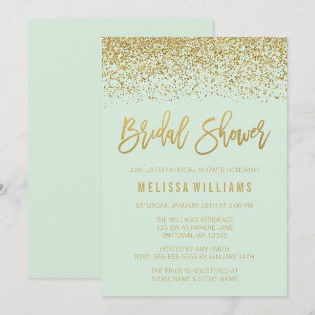 Modern Mint Green Faux Gold Glitter Bridal Shower Invitation (Front/Back)