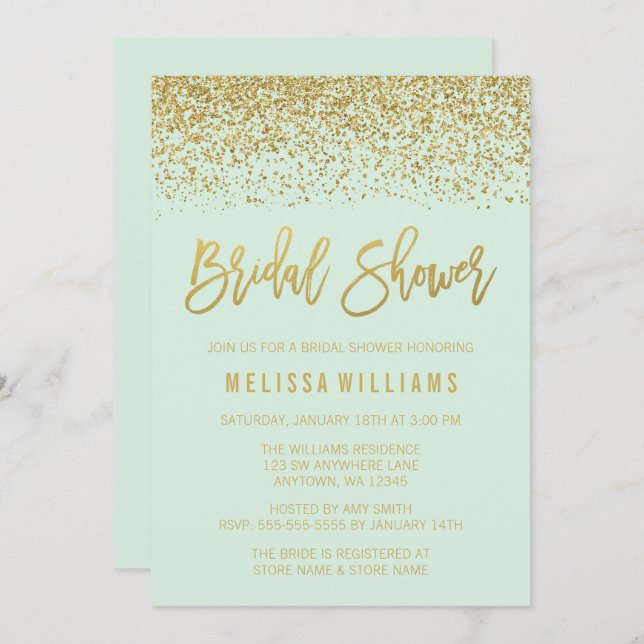 Modern Mint Green Faux Gold Glitter Bridal Shower Invitation (Front/Back)