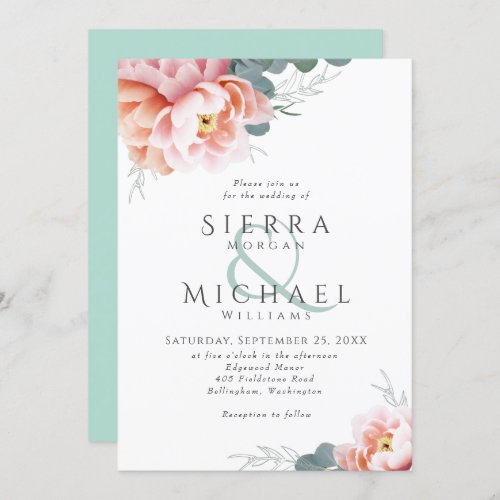 Modern Mint Green Floral Blush Pink Peach Wedding Invitation