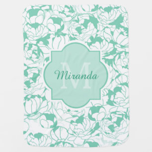 Modern Mint Green Floral Girly Monogram With Name Baby Blanket
