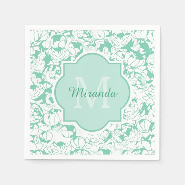 Modern Mint Green Floral Girly Monogram With Name Napkins (Front)