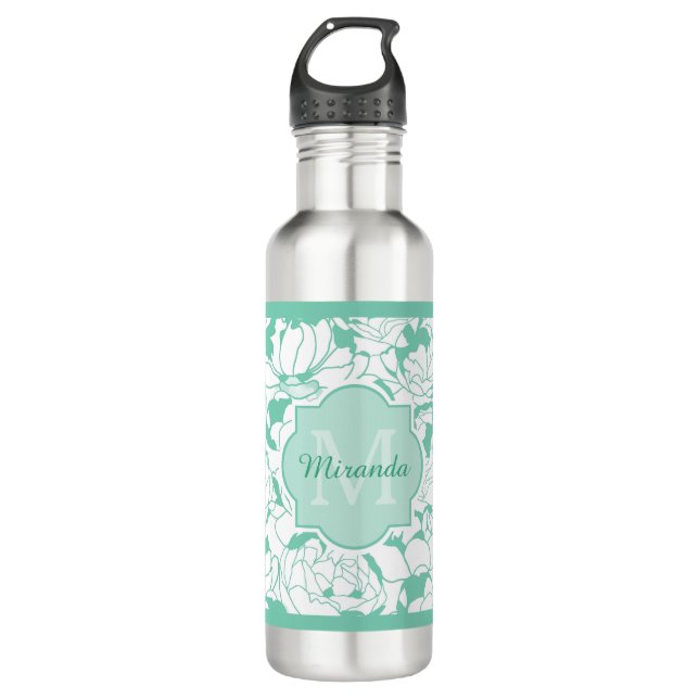Modern Mint Green Floral Girly Monogram With Name Water Bottle (Front)