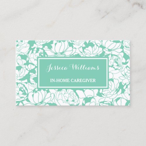 Modern Mint Green Floral Girly Nurse Caregiver Business Card