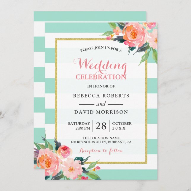 Modern Mint Green Flowers Wedding Celebration Invitation (Front/Back)