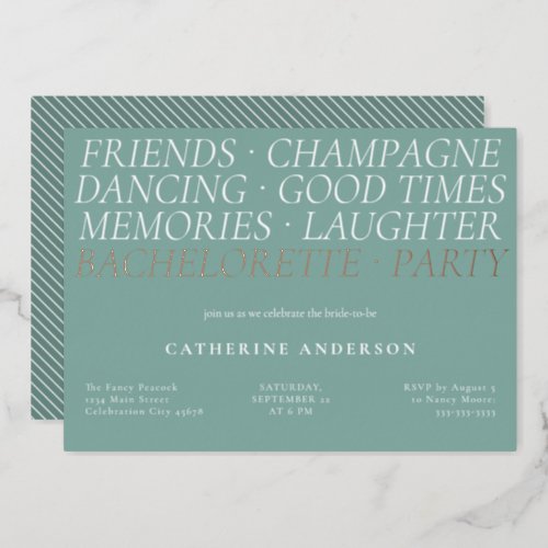 Modern Mint Green Fun Words Bachelorette Party Foil Invitation