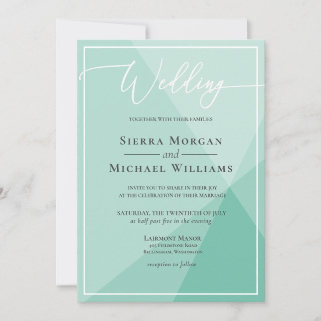 Modern Mint Green Geometric Hand Lettered Wedding Invitation (Front)